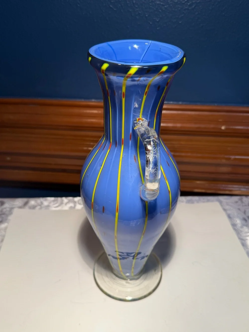 Vibrant Murano Style blue hand-blown art glass vase. Blue Yellow Red Stripes